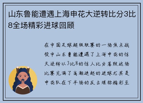 山东鲁能遭遇上海申花大逆转比分3比8全场精彩进球回顾